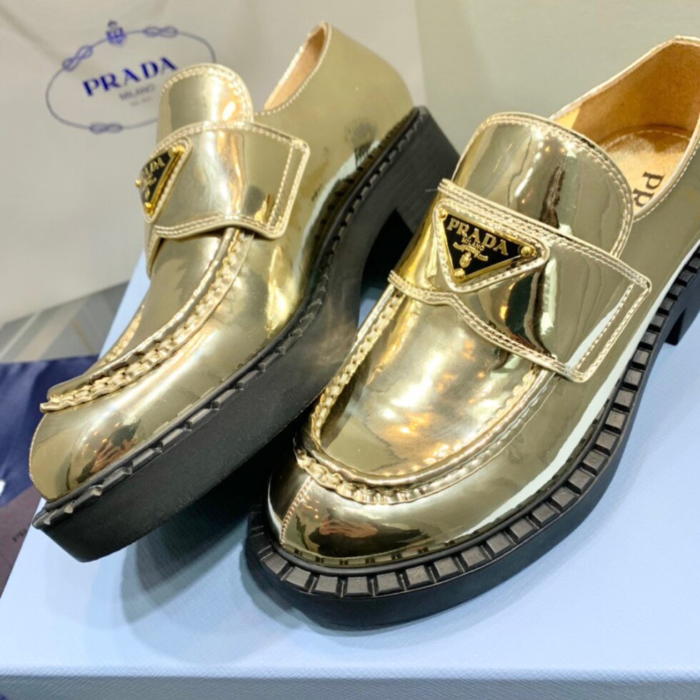 Replica Prada Women’s Loafers In Gold Metallic Leather 112