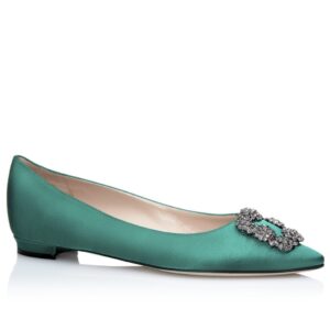 Replica Manolo Blahnik Hangisi Flats In Green Satin with Crystal Buckle