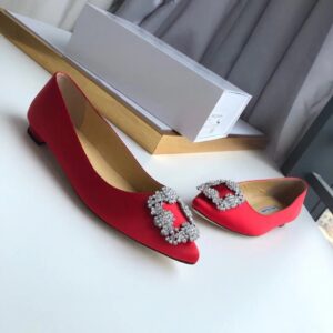 Replica Manolo Blahnik Hangisi Flats In Red Satin with Crystal Buckle 2