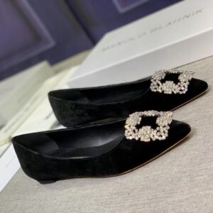 Replica Manolo Blahnik Hangisi Flats In Black Velvet with Crystal Buckle 2