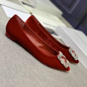 Replica Manolo Blahnik Hangisi Flats In Red Velvet with Crystal Buckle 2