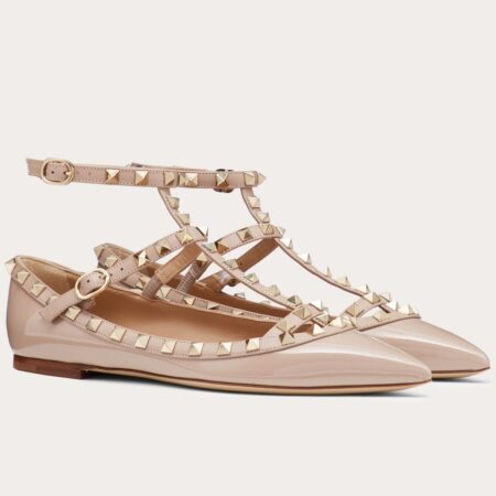 Replica Valentino Caged Rockstud Ballet Flats In Powder Patent Leather