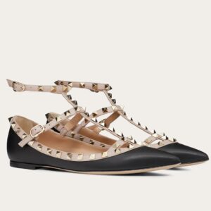 Replica Valentino Cage Rockstud Ballet Flats In Black Calfskin