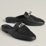 Replica Hermes Women’s Oz Mules with Fringed in Black Leather