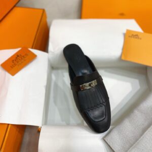 Replica Hermes Women’s Oz Mules with Fringed in Black Leather 2