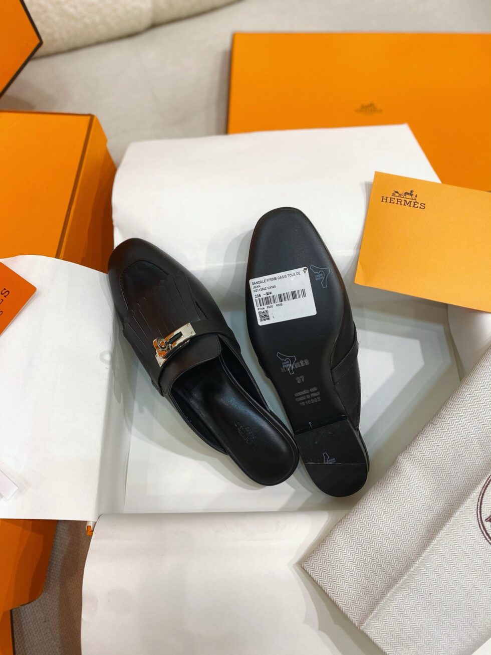 Replica Hermes Women’s Oz Mules with Fringed in Black Leather 109