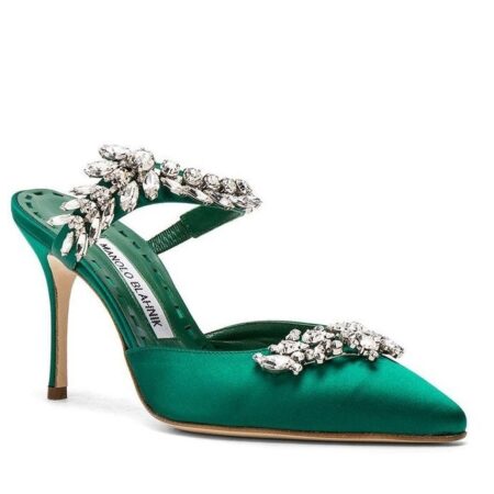 Replica Manolo Blahnik Lurum Crystal 90mm Mules In Green Satin