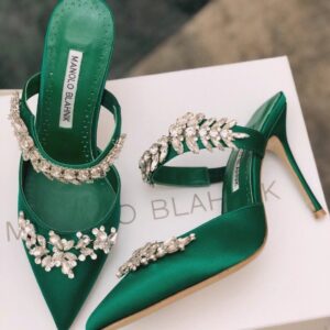 Replica Manolo Blahnik Lurum Crystal 90mm Mules In Green Satin 2