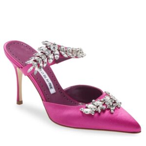 Replica Manolo Blahnik Lurum Crystal 90mm Mules In Rose Red Satin