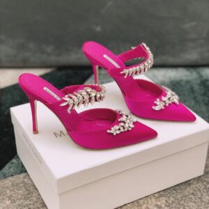 Replica Manolo Blahnik Lurum Crystal 90mm Mules In Rose Red Satin 2