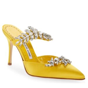 Replica Manolo Blahnik Lurum Crystal 90mm Mules In Yellow Satin