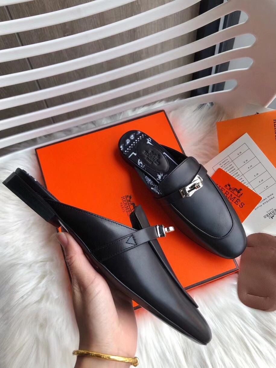 Replica Hermes Oz Mules In Noir Calfskin 105