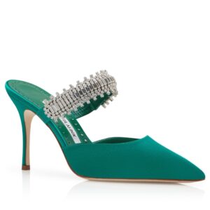 Replica Manolo Blahnik Lutara Crystal 90mm Mules In Green Satin