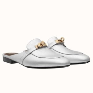 Replica Hermes Oz Mules In Silver Metallic Calfskin