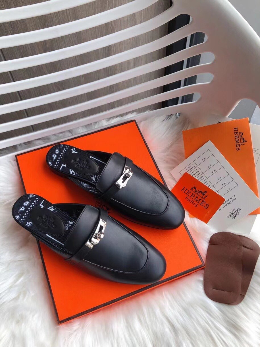 Replica Hermes Oz Mules In Noir Calfskin 108