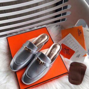 Replica Hermes Oz Mules In Silver Metallic Calfskin 2