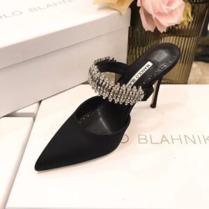 Replica Manolo Blahnik Lutara Crystal 90mm Mules In Black Satin 2