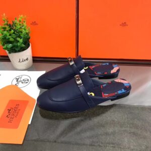 Replica Hermes Oz Mules In Dark Blue Calfskin 2