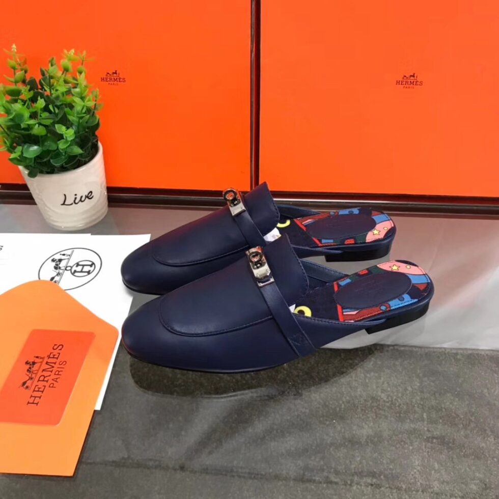 Replica Hermes Oz Mules In Dark Blue Calfskin 105