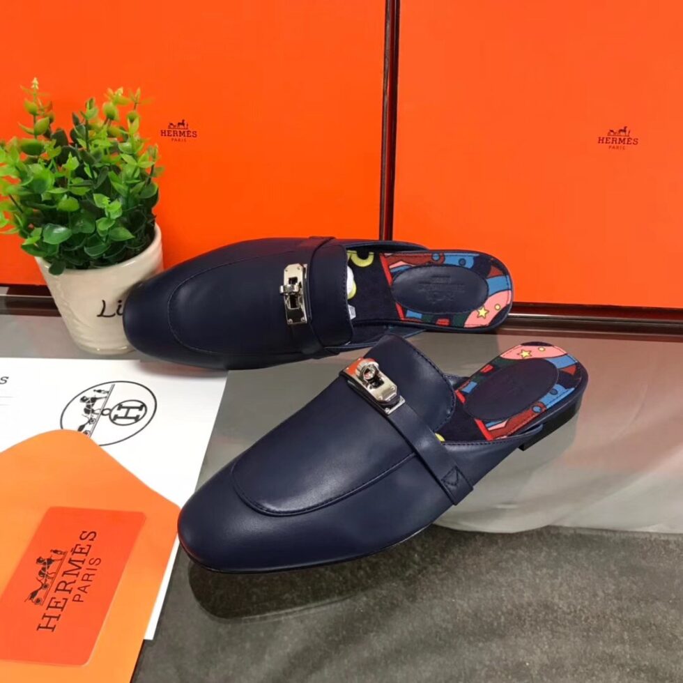 Replica Hermes Oz Mules In Dark Blue Calfskin 108