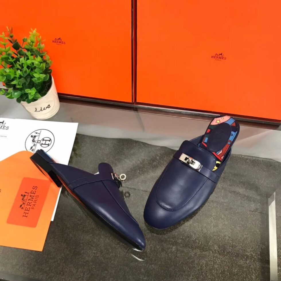 Replica Hermes Oz Mules In Dark Blue Calfskin 111