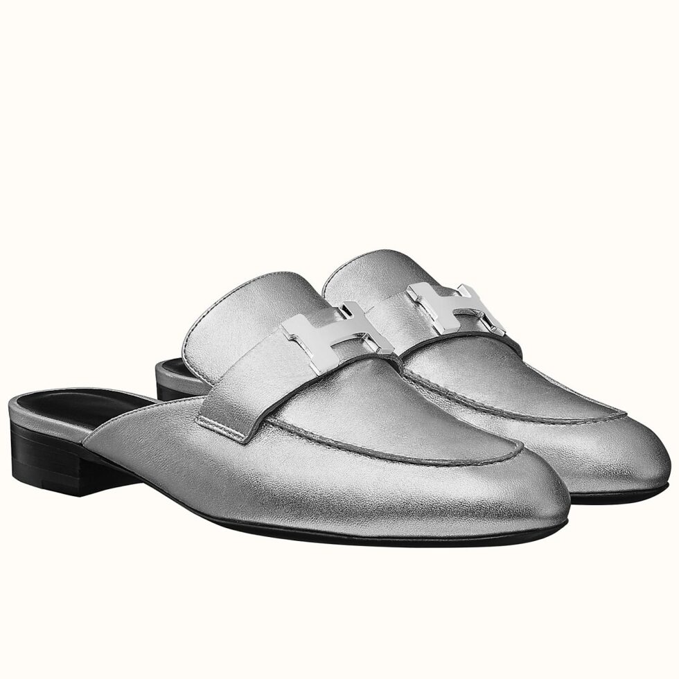 Replica Hermes Trocadero Mules In Silver Nappa Leather 104