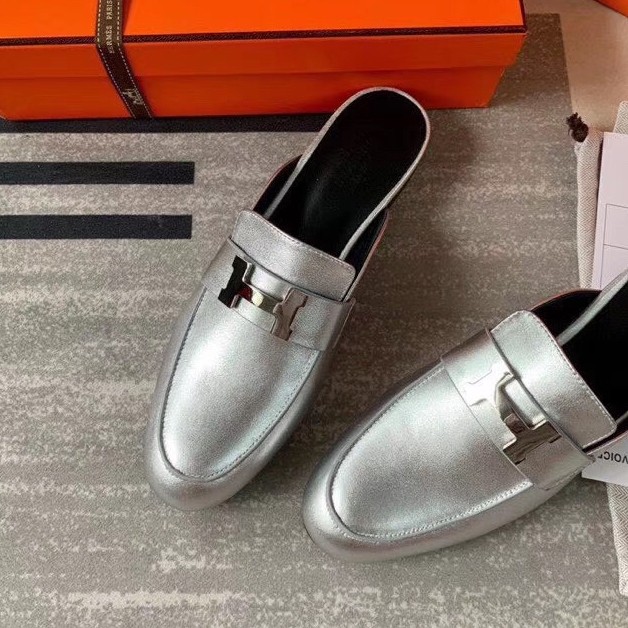 Replica Hermes Trocadero Mules In Silver Nappa Leather 107