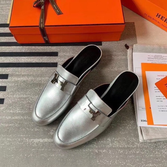 Replica Hermes Trocadero Mules In Silver Nappa Leather 110