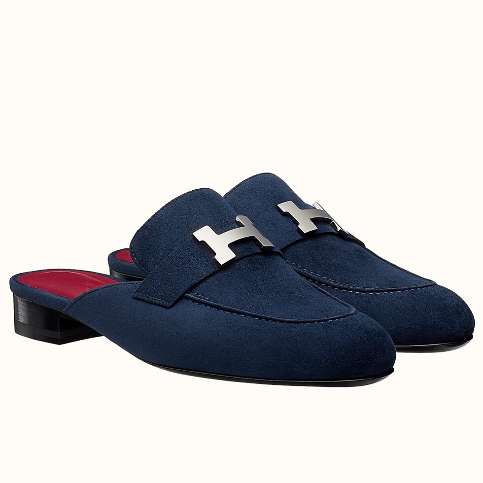 Replica Hermes Trocadero Mules In Blue Suede 104