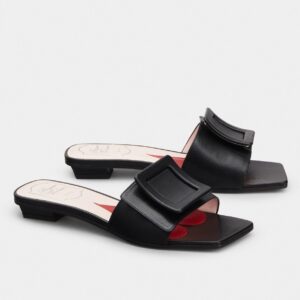 Replica Roger Vivier Covered Buckle Mules in Black Leather