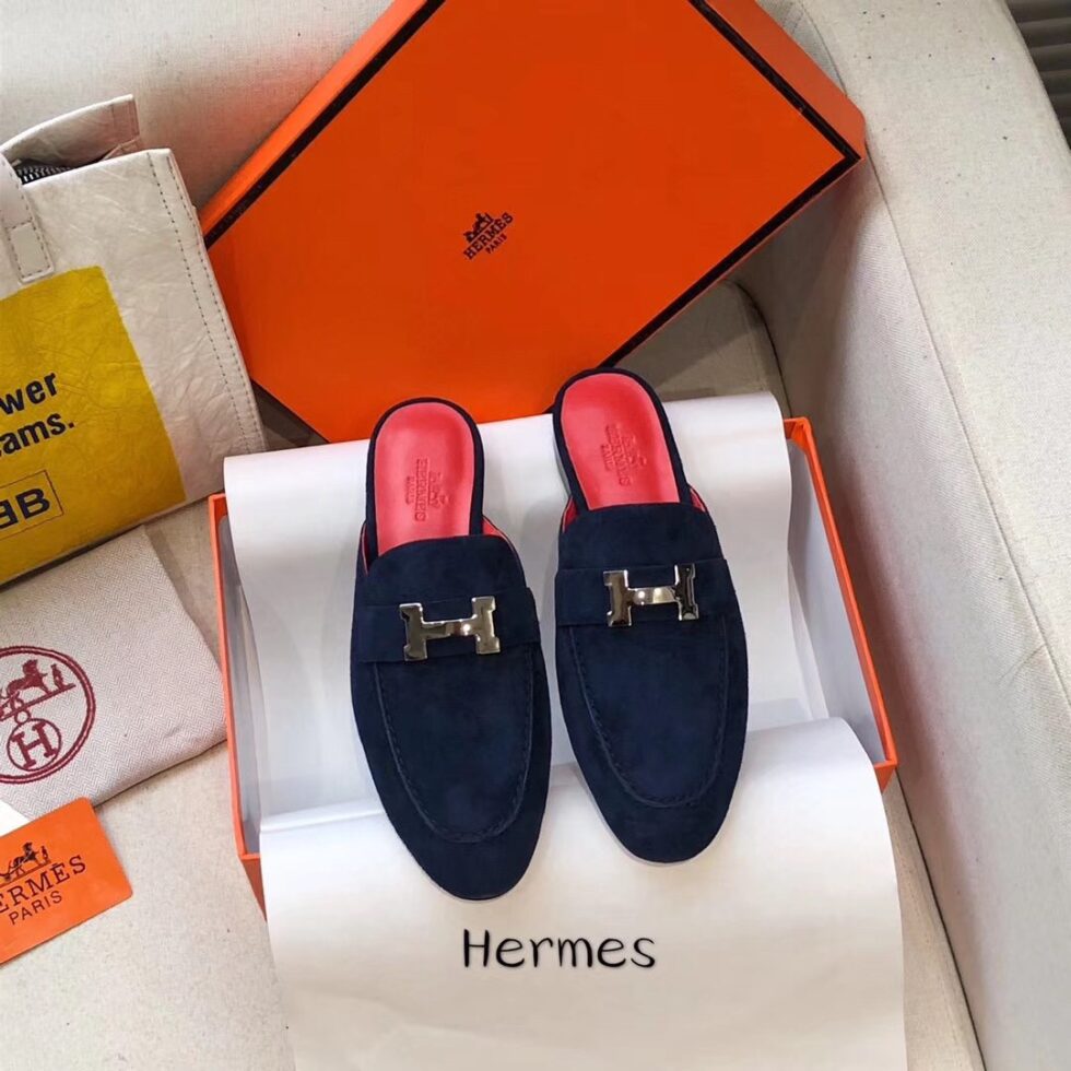 Replica Hermes Trocadero Mules In Blue Suede 107