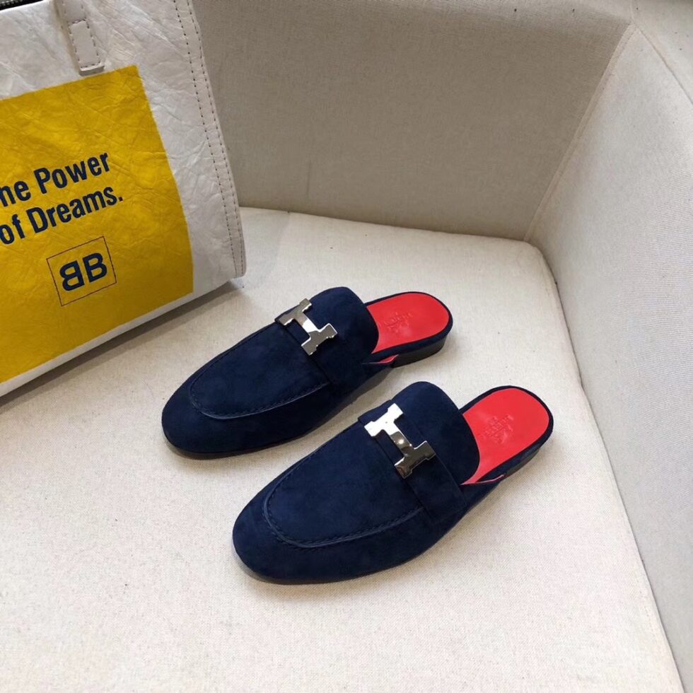 Replica Hermes Trocadero Mules In Blue Suede 108