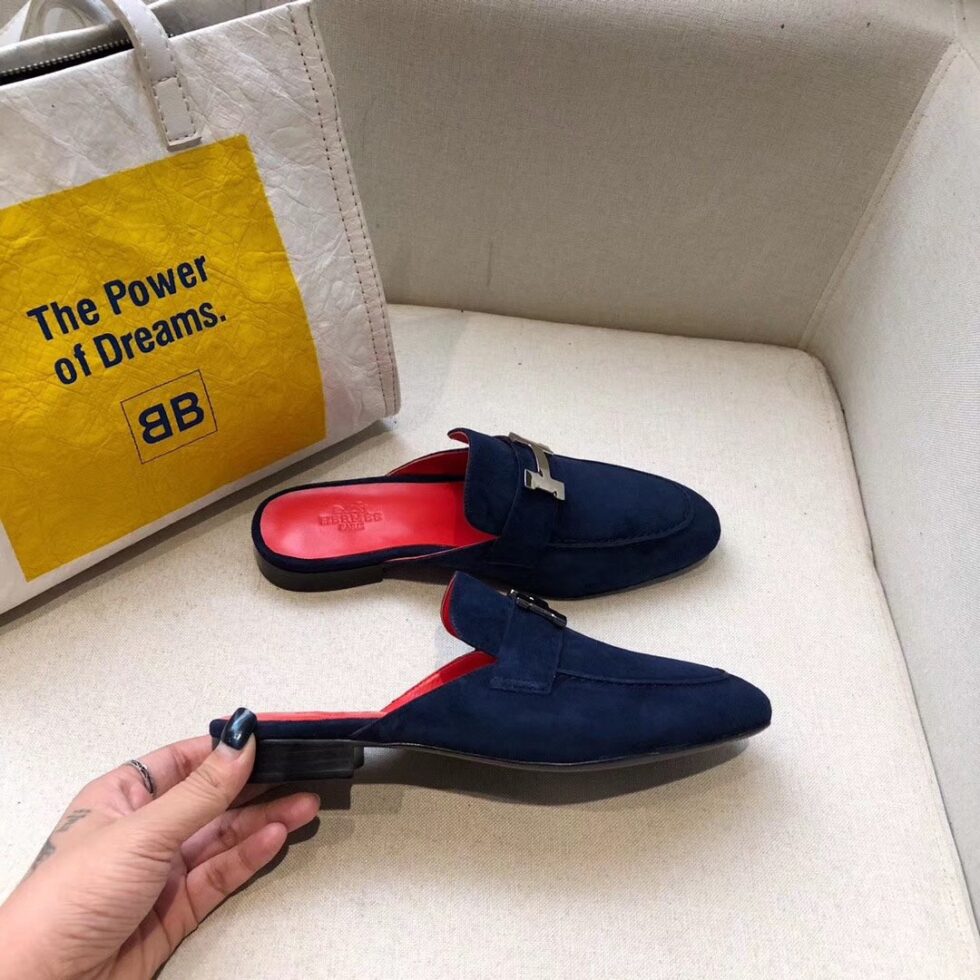 Replica Hermes Trocadero Mules In Blue Suede 111