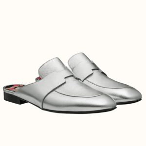 Replica Hermes Catena Mules In Silver Metallic Calfskin