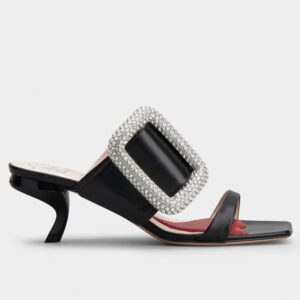 Replica Roger Vivier Viv’ Choc Side Strass Buckle Mules in Black Leather