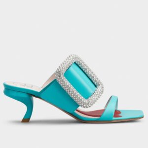 Replica Roger Vivier Viv’ Choc Side Strass Buckle Mules in Blue Leather