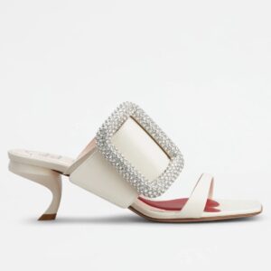 Replica Roger Vivier Viv’ Choc Side Strass Buckle Mules in White Leather