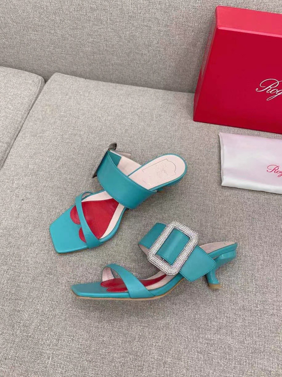 Replica Roger Vivier Viv’ Choc Side Strass Buckle Mules in Blue Leather 108