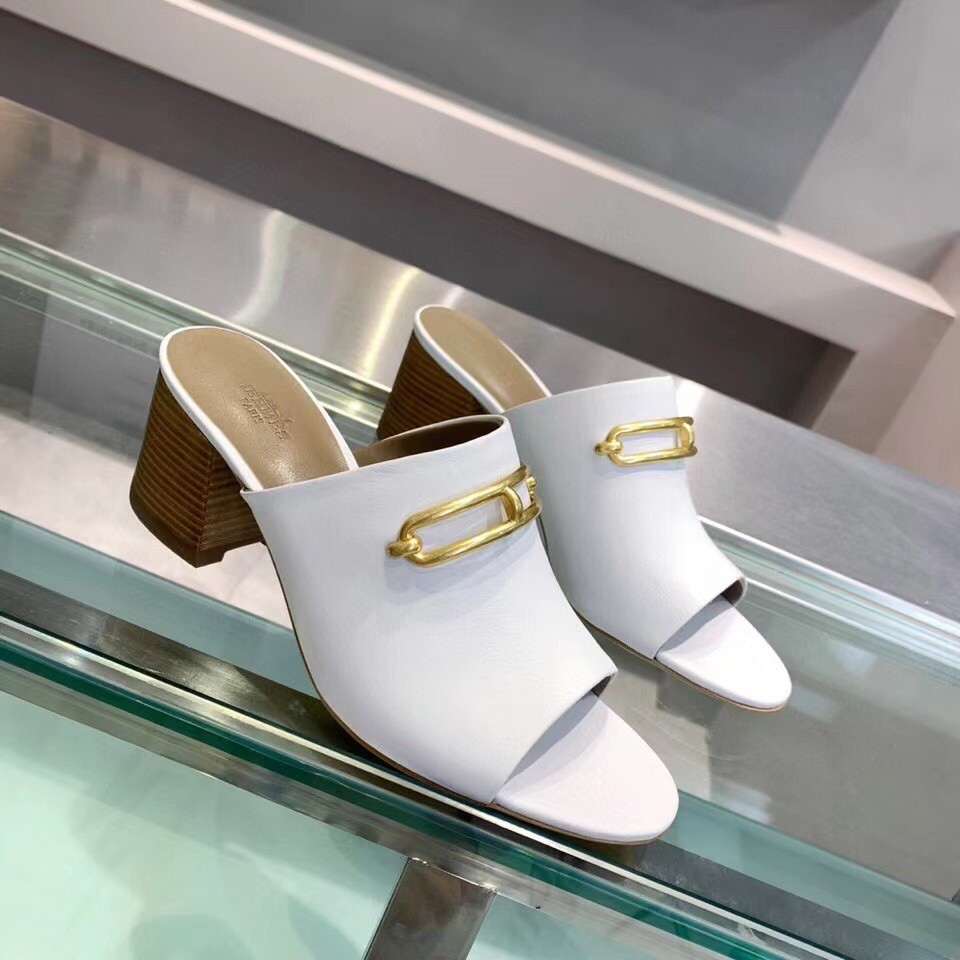 Replica Hermes Camilla Mules 60MM In White Calfskin 111