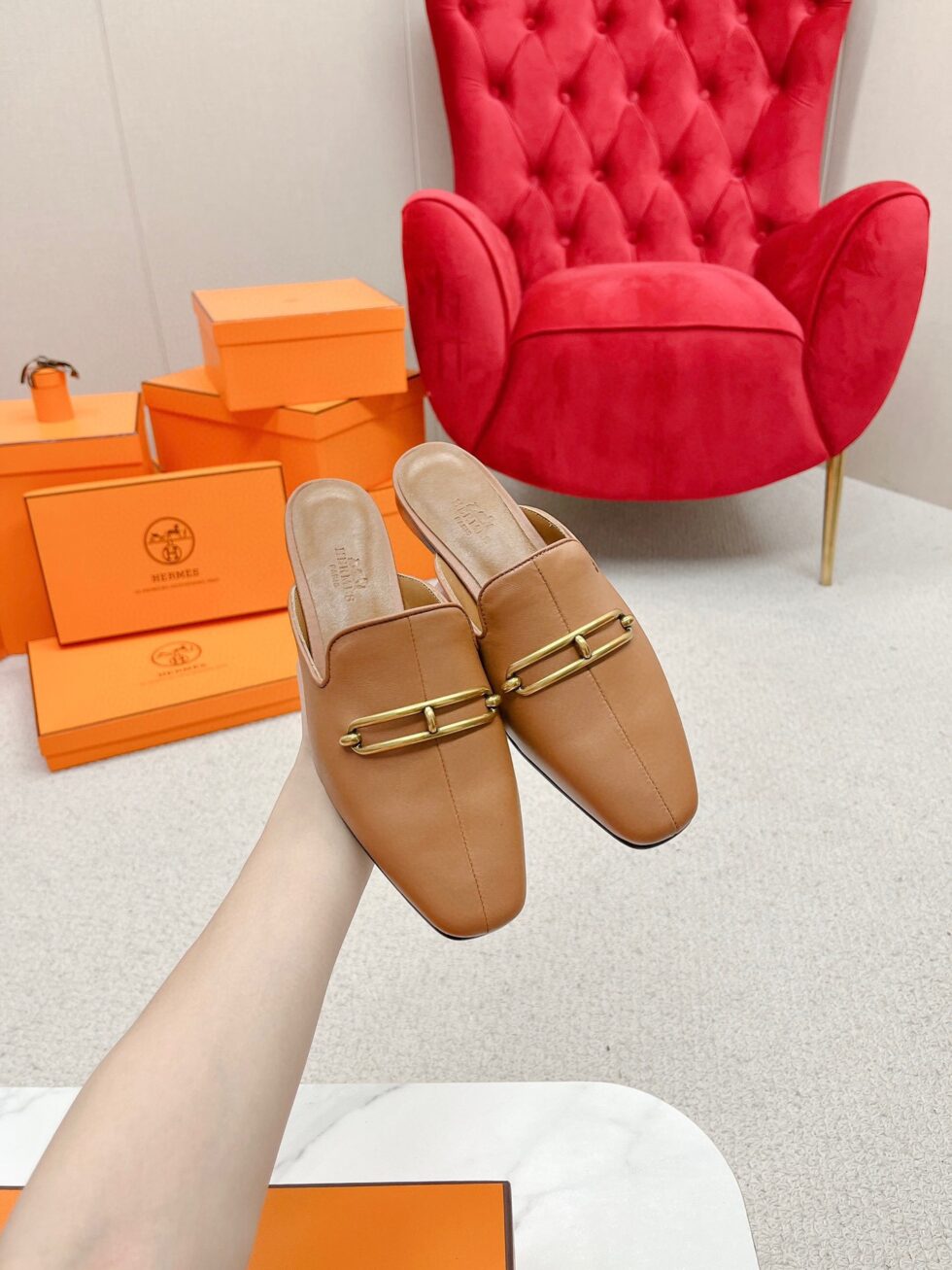 Replica Hermes Esmee Mules in Brown Calfskin 109