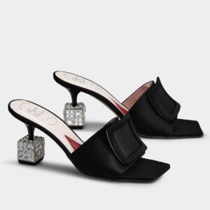 Replica Roger Vivier Cube Strass Heel Mules in Black Satin