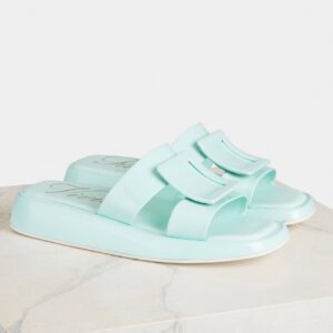 Replica Roger Vivier Vivier Slide Covered Buckle Mules in Blue Patent Leather