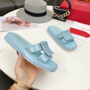 Replica Roger Vivier Vivier Slide Covered Buckle Mules in Blue Patent Leather 2