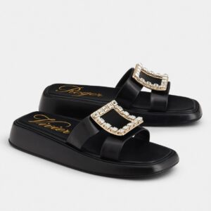 Replica Roger Vivier Vivier Slide Strass Buckle Mules in Black Leather