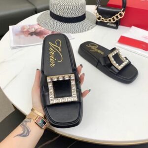 Replica Roger Vivier Vivier Slide Strass Buckle Mules in Black Leather 2