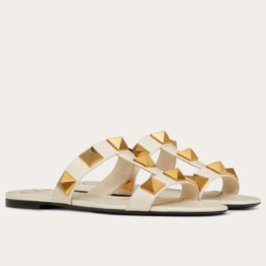 Replica Valentino Roman Stud Flat Slides In White Calfskin