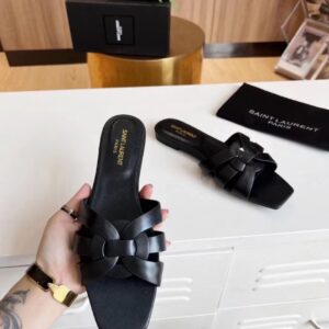 Replica Saint Laurent Tribute Slides In Black Calfskin 2