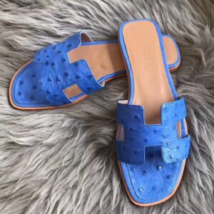 Replica Hermes Oran Slide Sandals In Blue Hydra Ostrich Leather