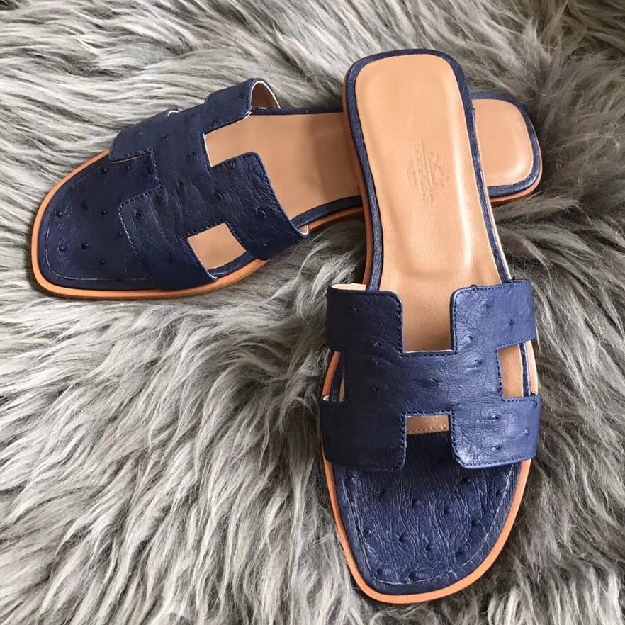 Replica Hermes Oran Slide Sandals In Blue Roy Ostrich Leather 104