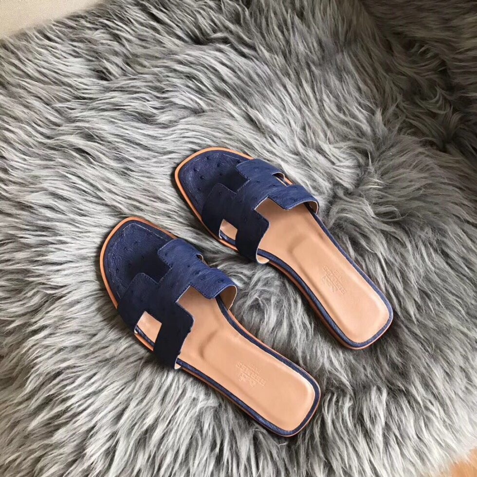 Replica Hermes Oran Slide Sandals In Blue Roy Ostrich Leather 106